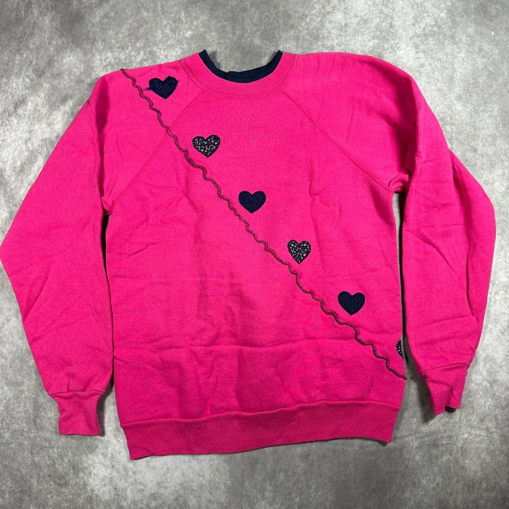 Vintage 80s Janrill by Hanes Heart Sweatshirt Pink Raglan XL Made in USA Retro